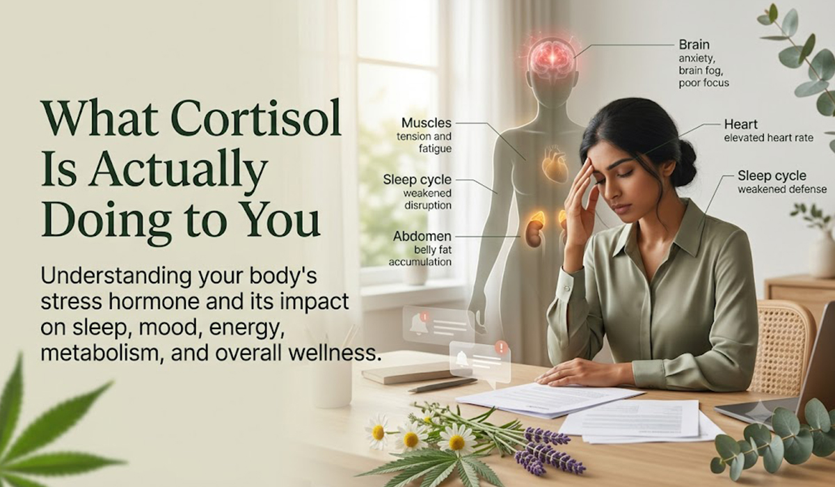 Illustration showing cortisol effects on brain, sleep, heart, and overall health